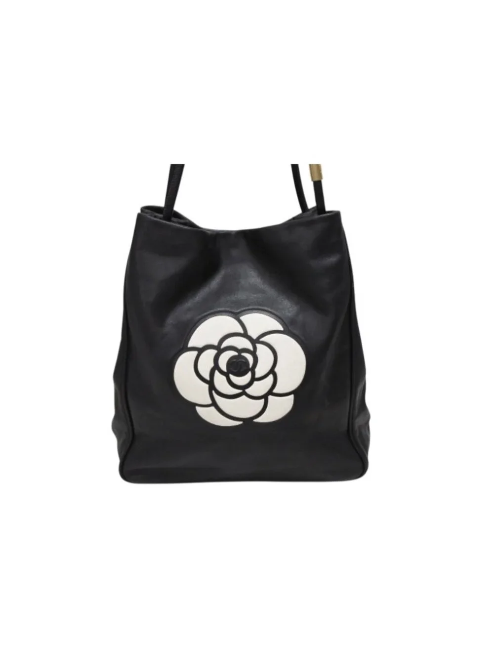Chanel Camellia Logo Design Bag Black Leather Gold